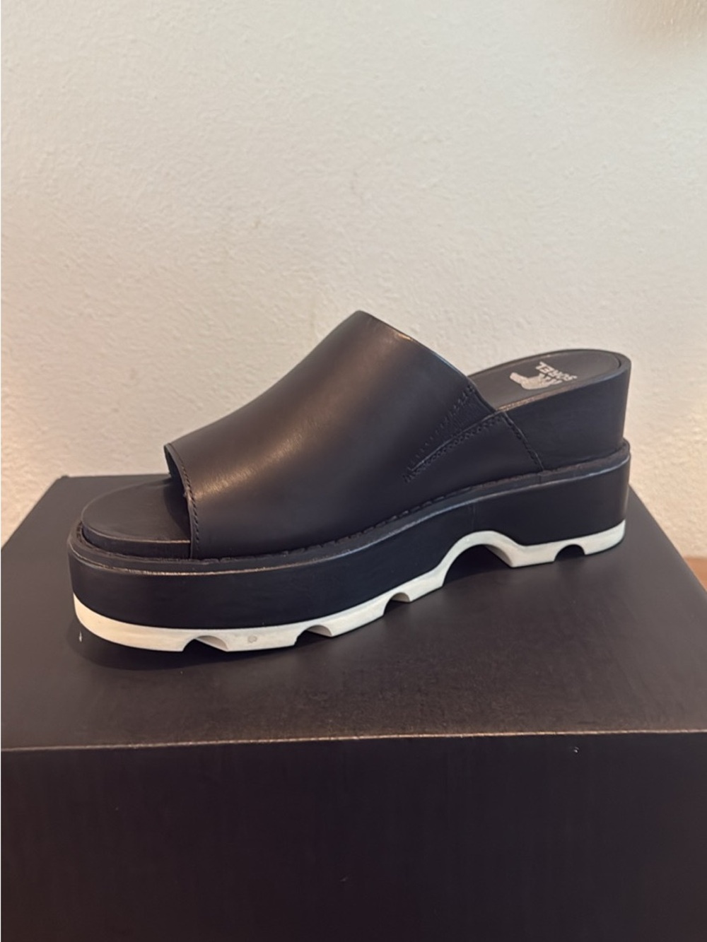 Sorel Black Platform Slide Mule with White Sole